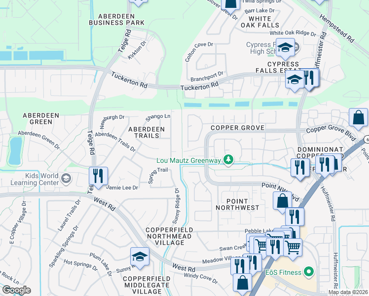 map of restaurants, bars, coffee shops, grocery stores, and more near 9303 Reston Grove Lane in Houston