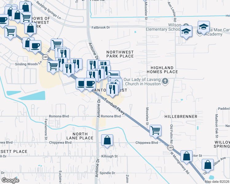 map of restaurants, bars, coffee shops, grocery stores, and more near 12430 Texas 249 in Houston
