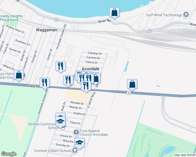 map of restaurants, bars, coffee shops, grocery stores, and more near 105 Yvonne Drive in Avondale