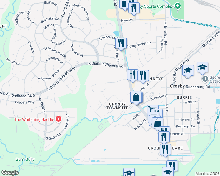 map of restaurants, bars, coffee shops, grocery stores, and more near 5915 Farm to Market 2100 in Crosby