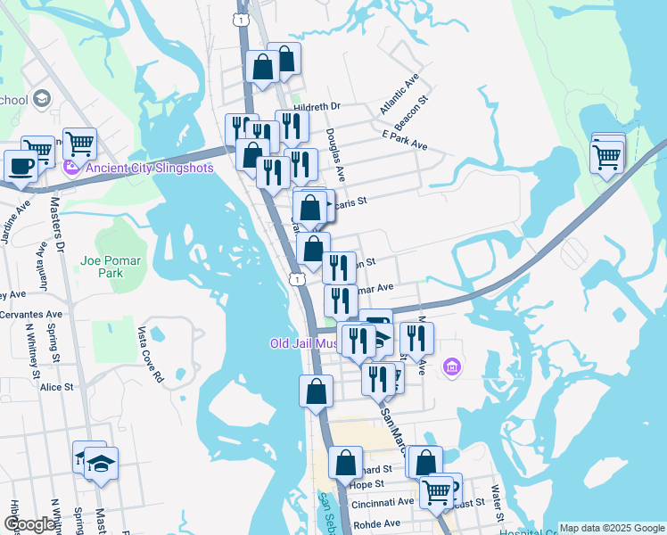 map of restaurants, bars, coffee shops, grocery stores, and more near 195 San Marco Avenue in St. Augustine