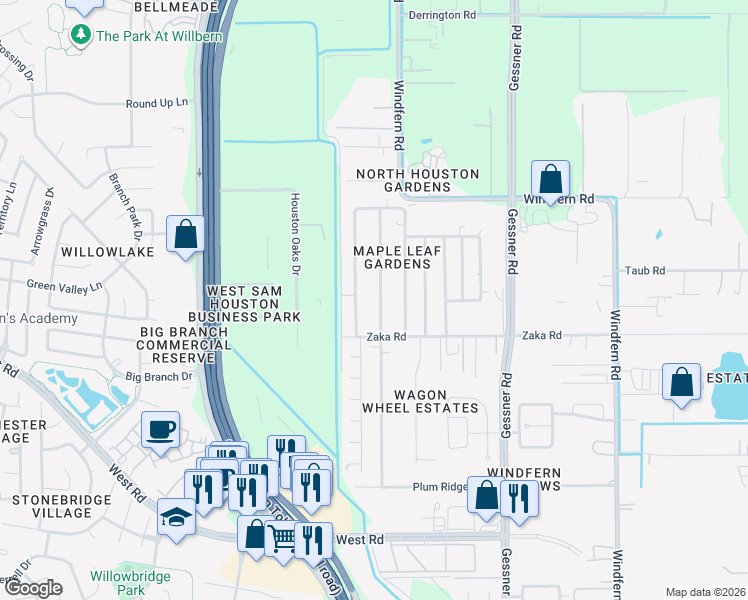 map of restaurants, bars, coffee shops, grocery stores, and more near 9514 Concord Lane in Houston