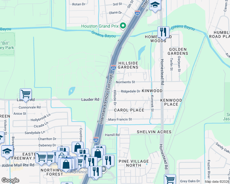 map of restaurants, bars, coffee shops, grocery stores, and more near 13201 Hillside Drive in Houston