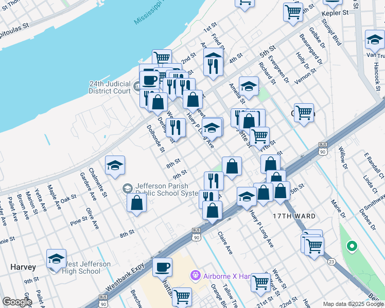 map of restaurants, bars, coffee shops, grocery stores, and more near 916 8th Street in Gretna