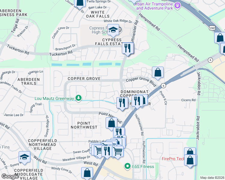 map of restaurants, bars, coffee shops, grocery stores, and more near 15218 Foster Springs Lane in Houston