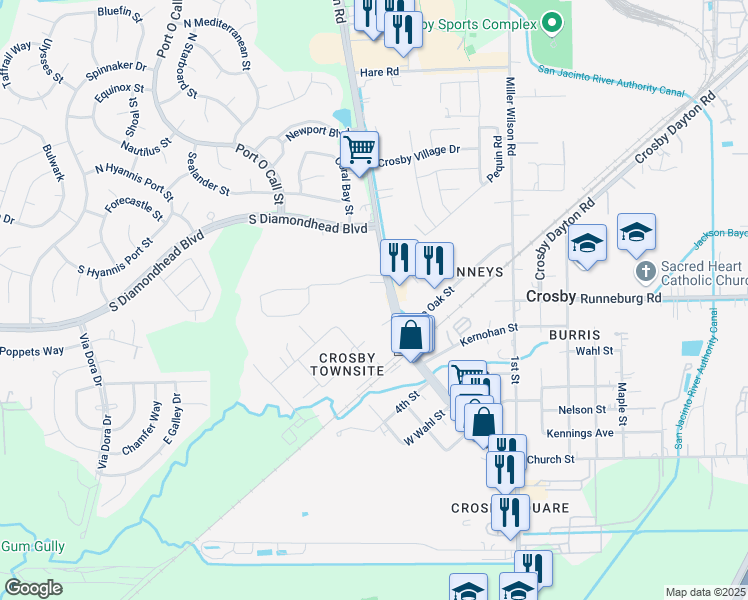 map of restaurants, bars, coffee shops, grocery stores, and more near 5815 Farm to Market 2100 in Crosby