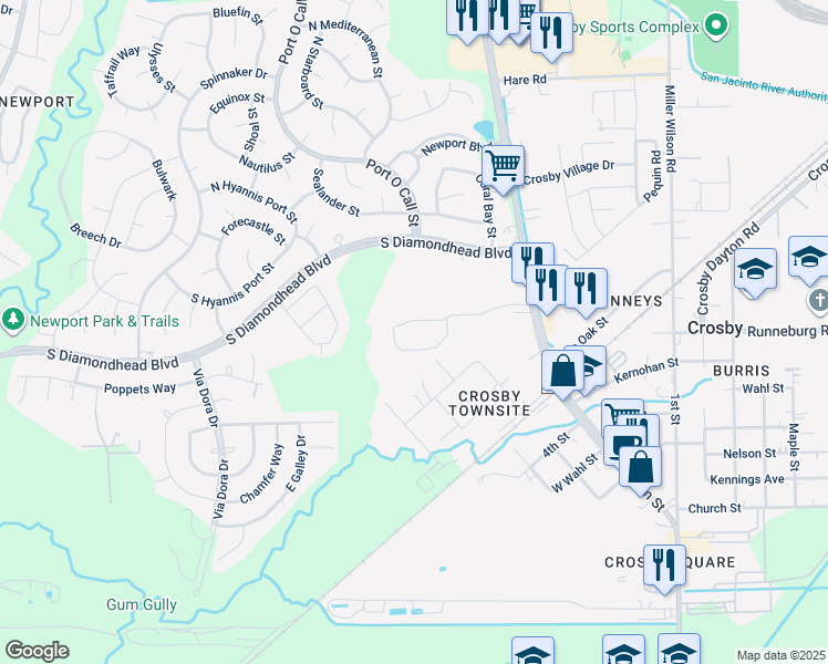 map of restaurants, bars, coffee shops, grocery stores, and more near 5925 Farm to Market 2100 in Crosby