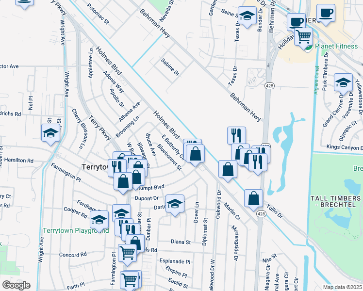 map of restaurants, bars, coffee shops, grocery stores, and more near 428 Holmes Boulevard in Terrytown