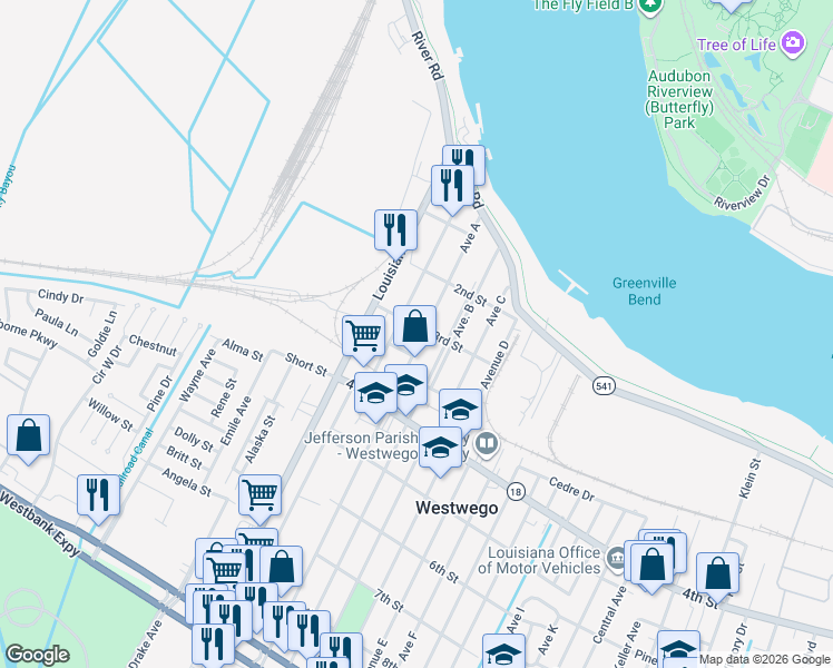 map of restaurants, bars, coffee shops, grocery stores, and more near 422 Avenue A in Westwego