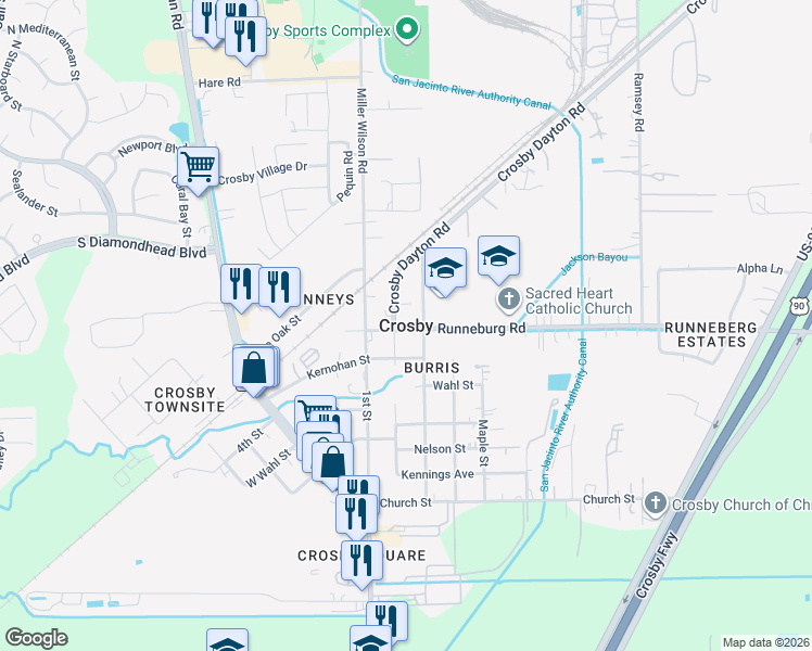 map of restaurants, bars, coffee shops, grocery stores, and more near in Crosby