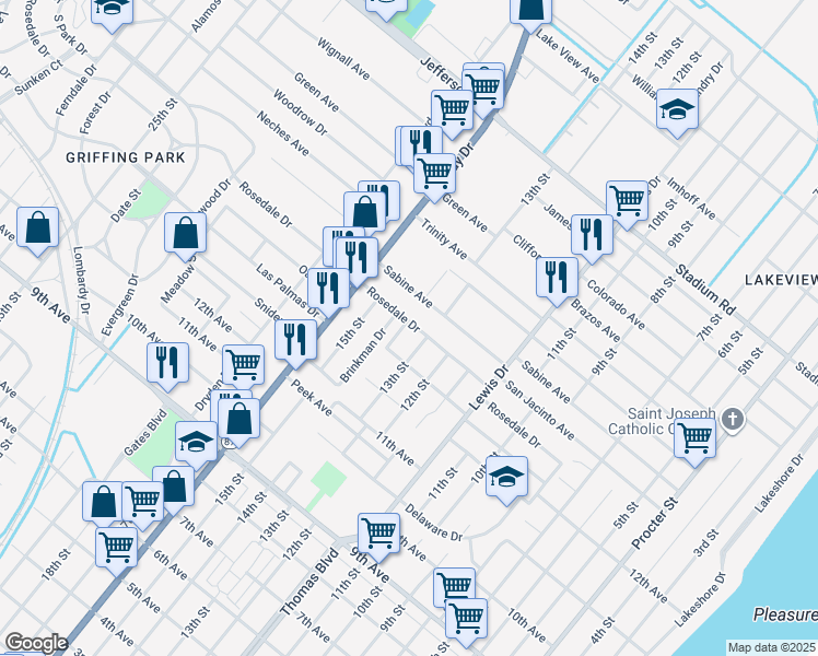 map of restaurants, bars, coffee shops, grocery stores, and more near 4010 14th Street in Port Arthur