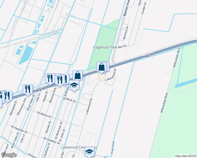 map of restaurants, bars, coffee shops, grocery stores, and more near 73 Lakewood Drive in Luling
