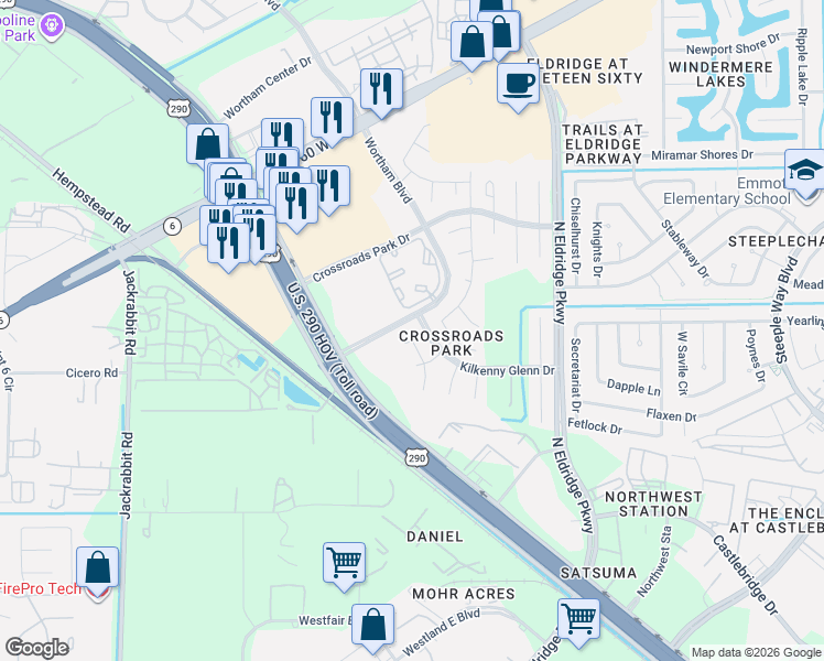 map of restaurants, bars, coffee shops, grocery stores, and more near 12534 Castlestone Drive in Houston