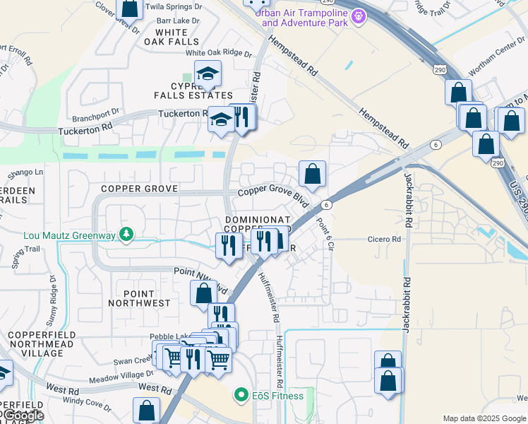 map of restaurants, bars, coffee shops, grocery stores, and more near 9125 Highway 6 North in Houston