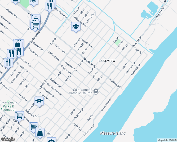 map of restaurants, bars, coffee shops, grocery stores, and more near 4801 7th Street in Port Arthur