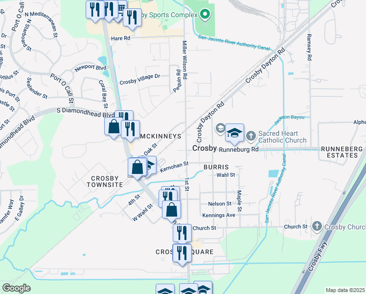 map of restaurants, bars, coffee shops, grocery stores, and more near 502 Runneburg Road in Crosby