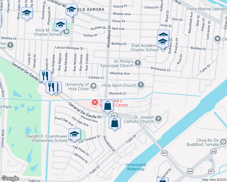 map of restaurants, bars, coffee shops, grocery stores, and more near 5915 Warwick Court in New Orleans
