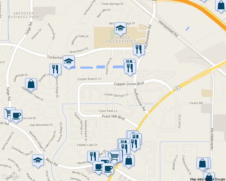 map of restaurants, bars, coffee shops, grocery stores, and more near 15314 Foster Springs Lane in Houston
