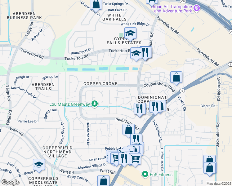 map of restaurants, bars, coffee shops, grocery stores, and more near 15314 Foster Springs Lane in Houston