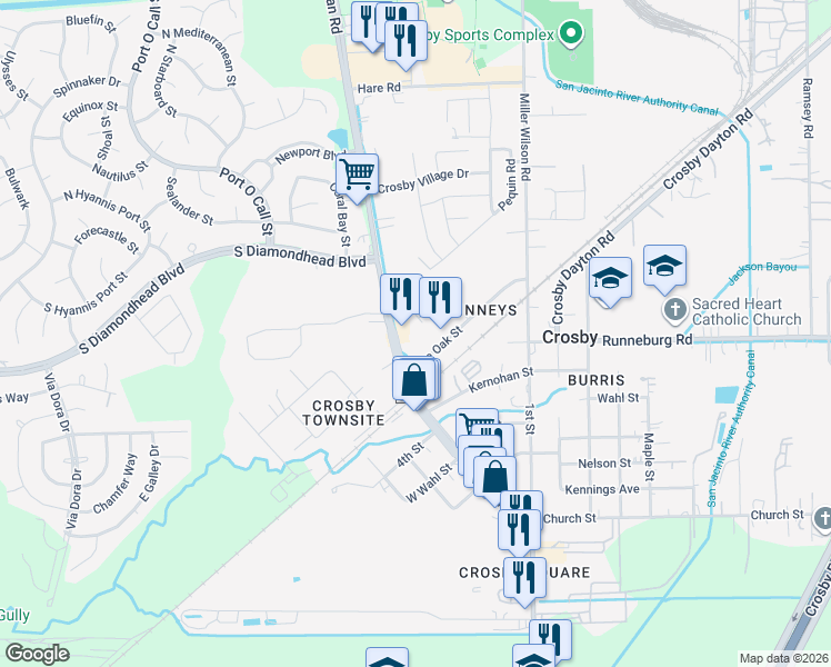 map of restaurants, bars, coffee shops, grocery stores, and more near 5822 Farm to Market 2100 in Crosby