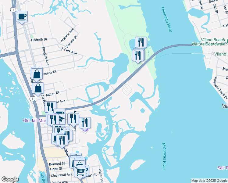map of restaurants, bars, coffee shops, grocery stores, and more near Vilano Causeway in St. Augustine