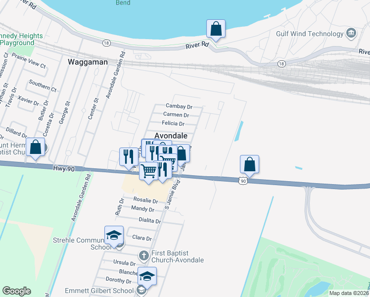 map of restaurants, bars, coffee shops, grocery stores, and more near 105 Yvonne Drive in Avondale