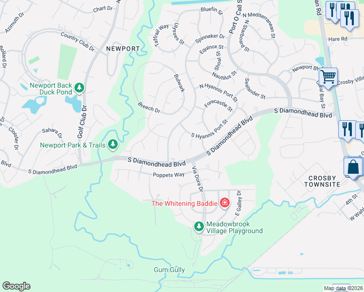 map of restaurants, bars, coffee shops, grocery stores, and more near 15903 Castaway Court in Crosby