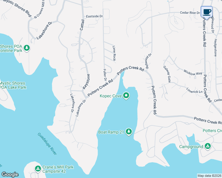 map of restaurants, bars, coffee shops, grocery stores, and more near 4401 Potters Creek Road in Canyon Lake