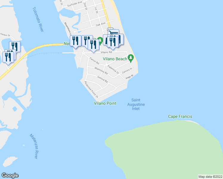 map of restaurants, bars, coffee shops, grocery stores, and more near 426 Porpoise Point Drive in Saint Augustine