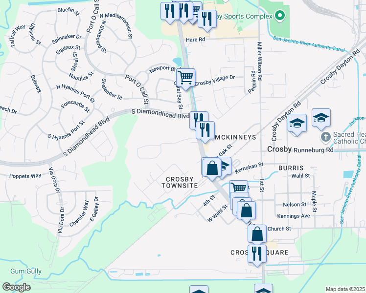 map of restaurants, bars, coffee shops, grocery stores, and more near 5815 Farm to Market 2100 in Crosby