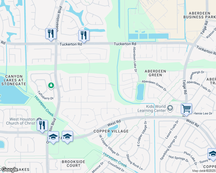 map of restaurants, bars, coffee shops, grocery stores, and more near 16503 Grenada Falls Drive in Houston