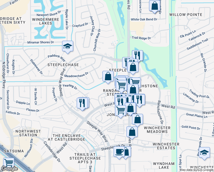 map of restaurants, bars, coffee shops, grocery stores, and more near 11168 Steeplecrest Drive in Houston
