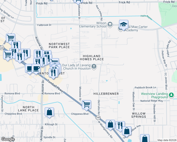 map of restaurants, bars, coffee shops, grocery stores, and more near 3218 Bobbie Lane in Houston