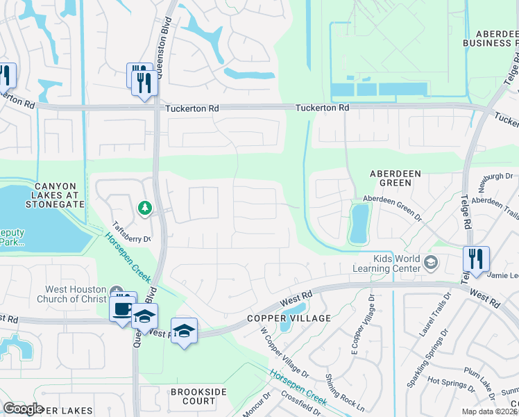 map of restaurants, bars, coffee shops, grocery stores, and more near 16619 Grenada Falls Drive in Houston