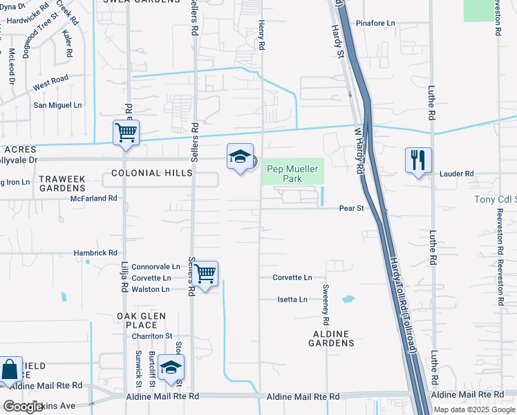 map of restaurants, bars, coffee shops, grocery stores, and more near 14620 Henry Road in Houston