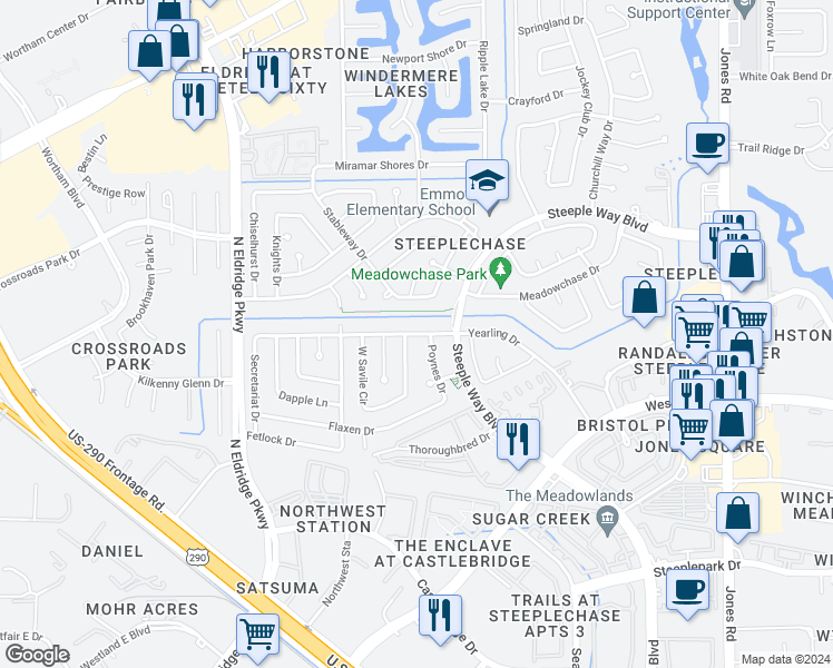 map of restaurants, bars, coffee shops, grocery stores, and more near Yearling Drive in Houston