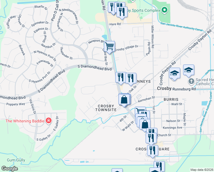 map of restaurants, bars, coffee shops, grocery stores, and more near 5915 Farm to Market 2100 in Crosby