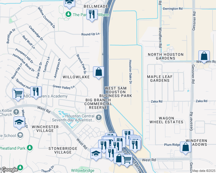 map of restaurants, bars, coffee shops, grocery stores, and more near 9428 West Sam Houston Parkway North in Houston