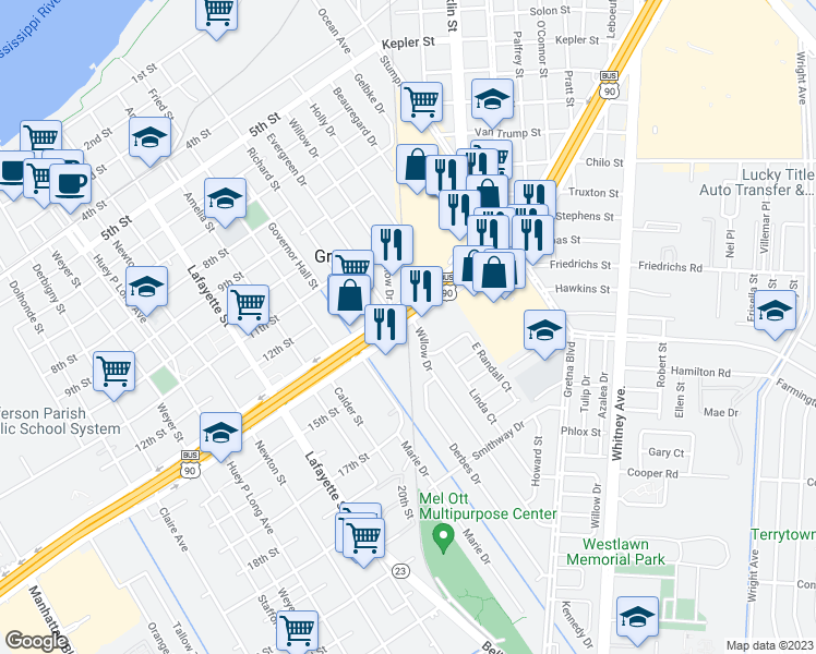 map of restaurants, bars, coffee shops, grocery stores, and more near 87 Westbank Expressway in Gretna
