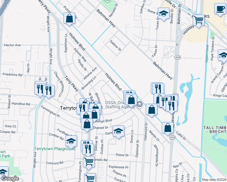 map of restaurants, bars, coffee shops, grocery stores, and more near 431 East Butterfly Circle in Terrytown