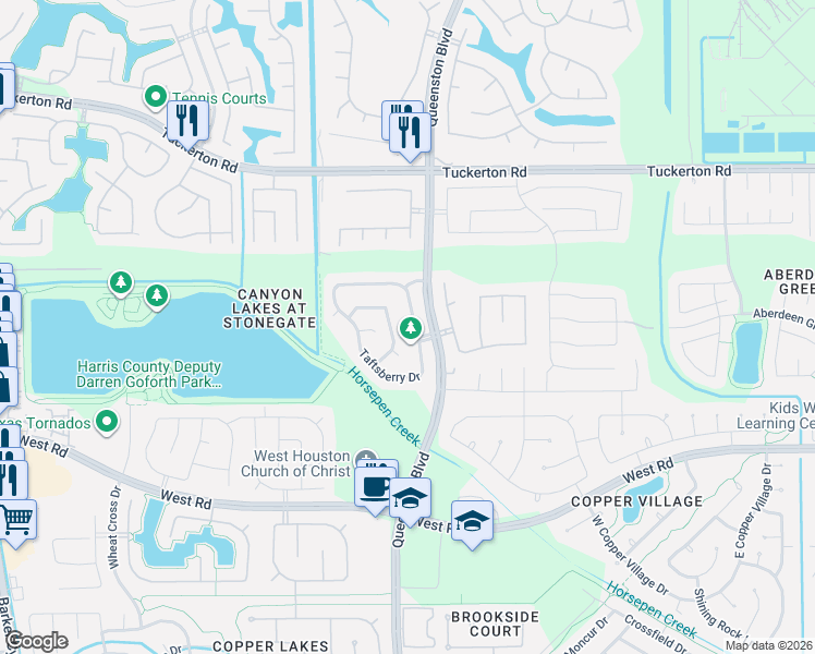 map of restaurants, bars, coffee shops, grocery stores, and more near 9434 Curry Landing Drive in Houston