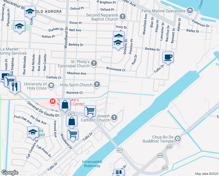 map of restaurants, bars, coffee shops, grocery stores, and more near 3940 Sullen Place in New Orleans