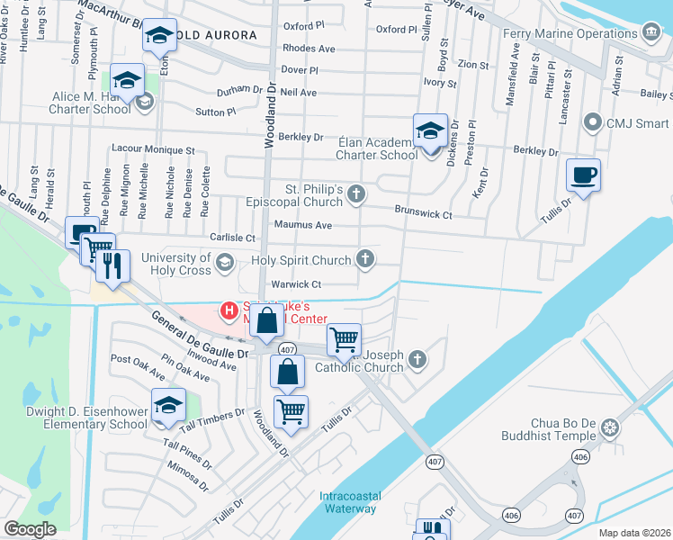 map of restaurants, bars, coffee shops, grocery stores, and more near 6123 Carlisle Court in New Orleans