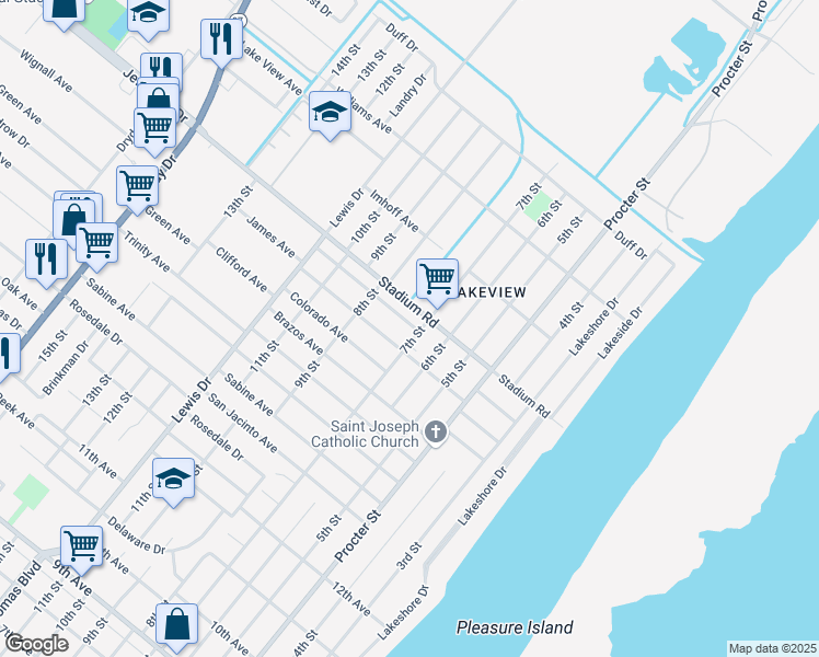 map of restaurants, bars, coffee shops, grocery stores, and more near 737 Stadium Road in Port Arthur