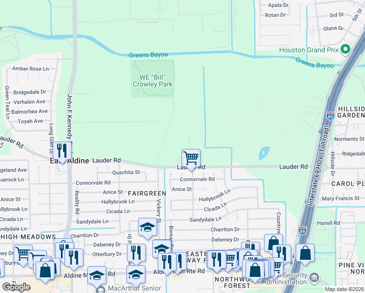 map of restaurants, bars, coffee shops, grocery stores, and more near 4729 Lauder Road in Houston