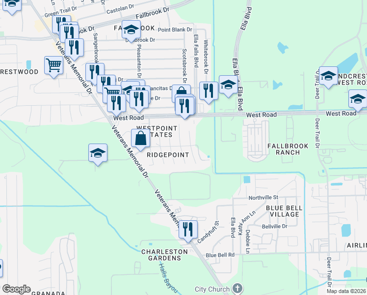 map of restaurants, bars, coffee shops, grocery stores, and more near 10111 Ridgecoral Court in Houston