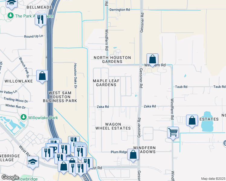 map of restaurants, bars, coffee shops, grocery stores, and more near 9603 Silver Maple Street in Houston