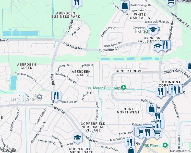 map of restaurants, bars, coffee shops, grocery stores, and more near 9407 Reston Grove Lane in Houston