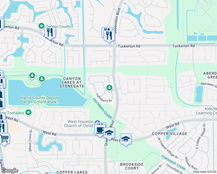 map of restaurants, bars, coffee shops, grocery stores, and more near 9434 Curry Landing Drive in Houston