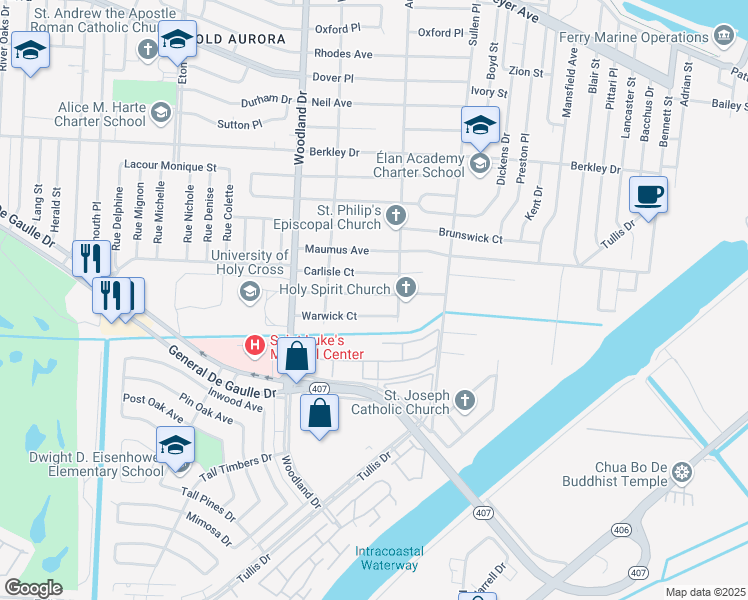 map of restaurants, bars, coffee shops, grocery stores, and more near 6123 Carlisle Court in New Orleans